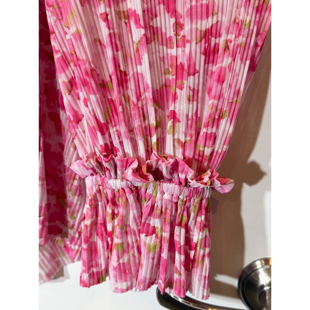 Vince Camuto Pink Floral‎ Pleated Mesh Blouse Top Women's 3X Long Sleeve Ruffle - Picture 2 of 6
